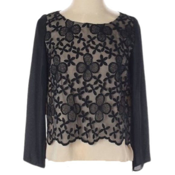ERIN FETHERSTON NUDE BLACK EMBROIDERED FLORAL TOP